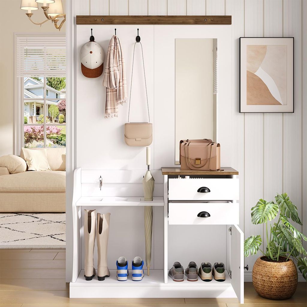 Garderobenset mit Spiegel Haken Schubladen und Schirmständer Flurgarderobe Wandgarderoben-Set 110.5 L x 38 B x 191 H Weiß