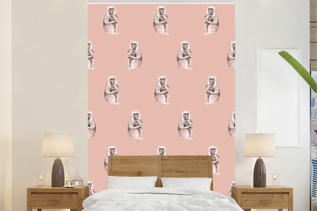 MuchoWow Fototapete für Wohnzimmer oder Schlafzimmer Wandtapete Vinyl Motivtapete Affe - Muster - Pastell - 200x300 cm - Wanddekorationen
