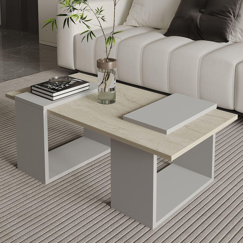 Skye Decor, Hochwertiger Couchtisch, 90 x 37 x 46,6 cm, Grau und Travertin | 100% melaminbeschichtete Spanplatte, Stärke: 18 mm | Ideal für moder...