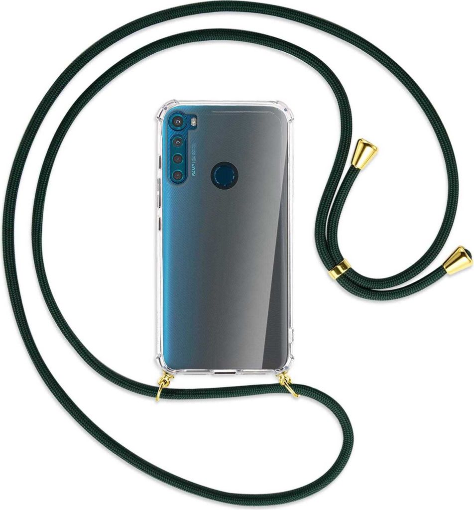 Handykette Backcover-Schutzhülle mit Band (Metall goldfarben) für Motorola One Fusion Plus - dunkelgrün