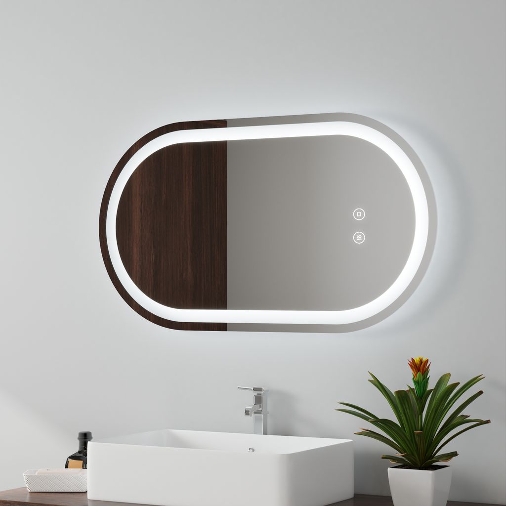EMKE LED Badspiegel 50x90cm Badspiegel beschlagfrei Beleuchtung 3 Lichtfarbe Lichtspiegel Badezimmerspiegel rund vieleck Wandspiegel mit Touchschalter