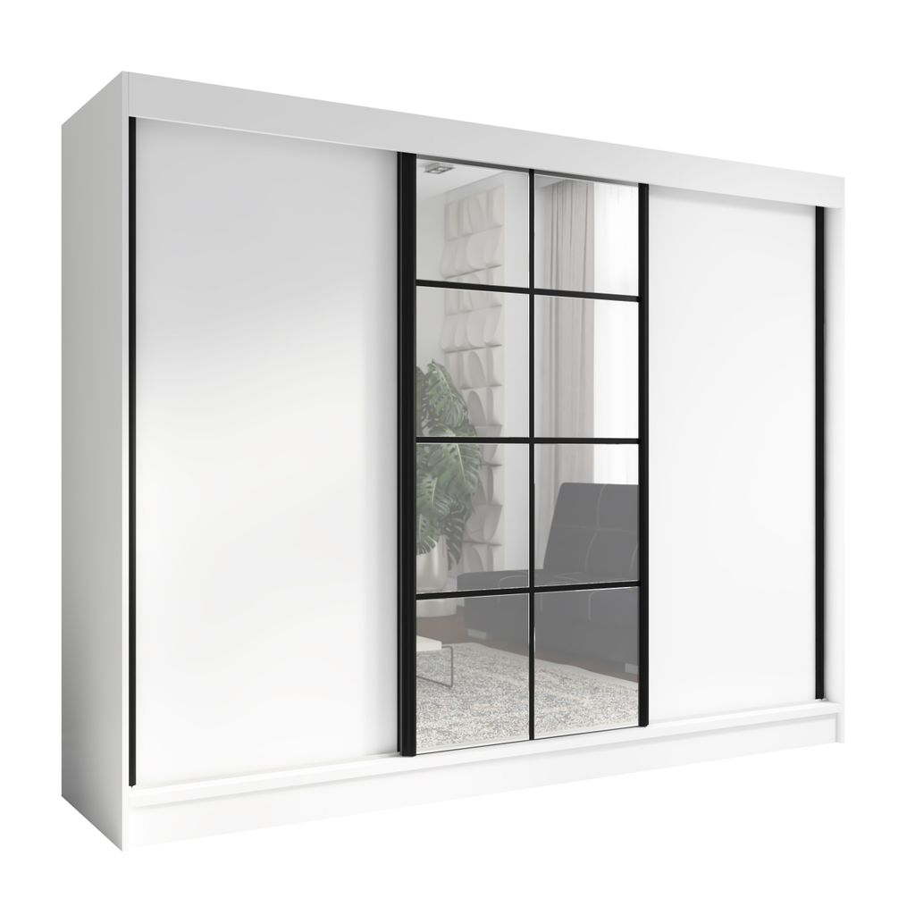 A white wardrobe with mirrored doors.