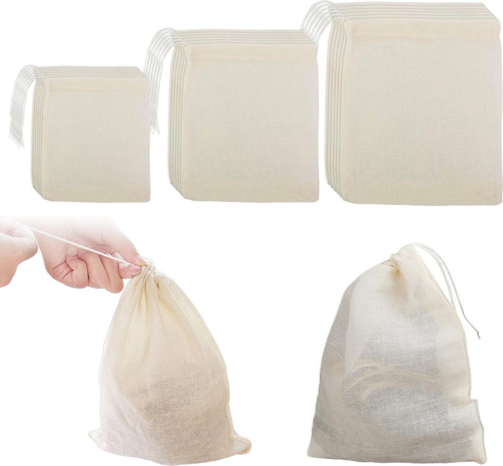 30 Gewürzbeutel aus Baumwollmusselin mit Kordelzug, 3 verschiedene Größen für Tee, Kaffee, Gewürze und Früchtetee