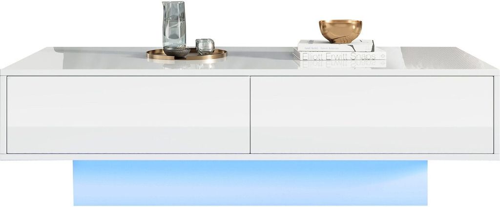 Couchtisch Hochglanz Schublade Wohnzimmertisch Kaffeetisch Beistelltisch LED-Beleuchtung und 30 kg Belastbarkeit Multifunktionaler Aufbewahrungstisch