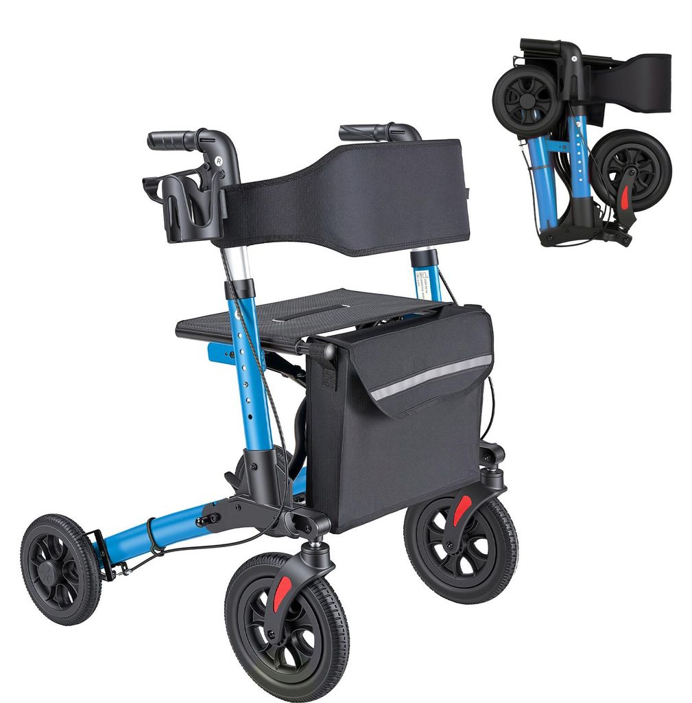 SucceBuy 3-fach faltbarer Rollator mit Sitz, leichter Gehwagen mit 4 Rädern, Gehhilfe bis 136 kg mit Rückenlehne, Tasche und Gehstockhalter, höh...
