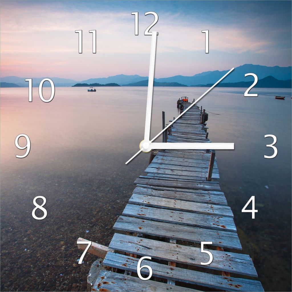 Wallario Design Wanduhr Steg am See- Idylle bei Sonnenuntergang aus Echtglas, Größe 30 x 30 cm