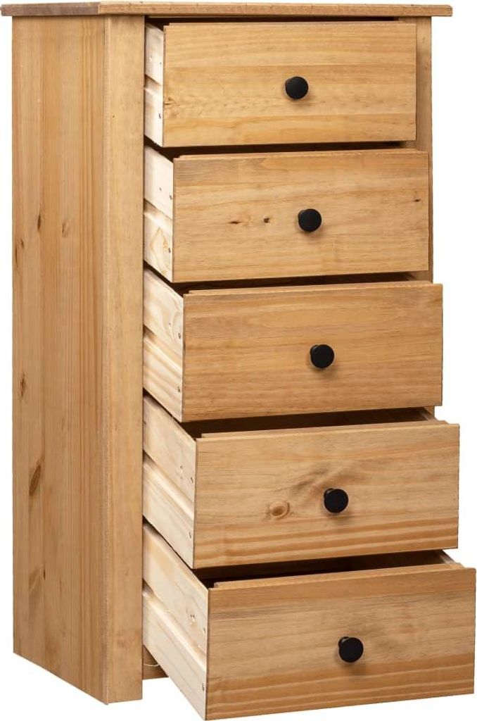 A tall, narrow wooden chest of drawers with five drawers, some of which are partially open.