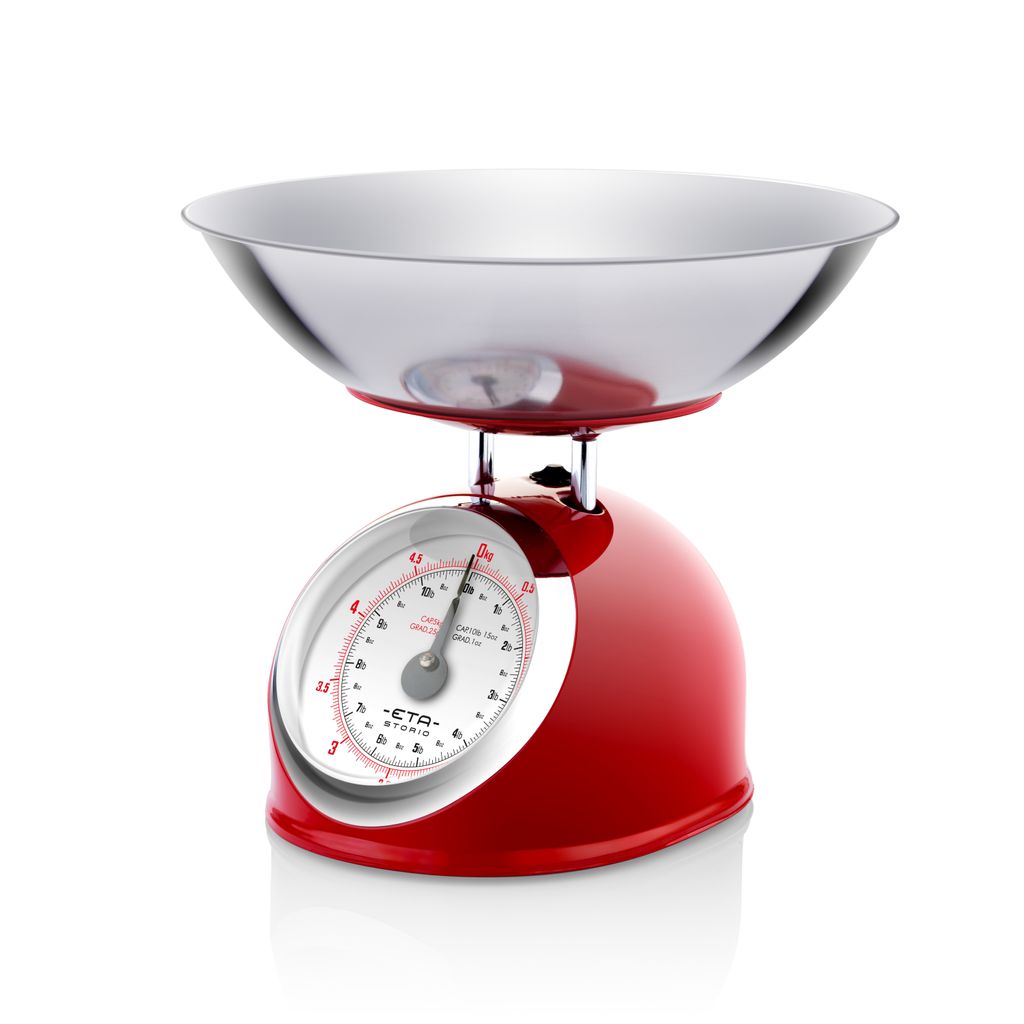 A red kitchen scale with a silver bowl on a white background.