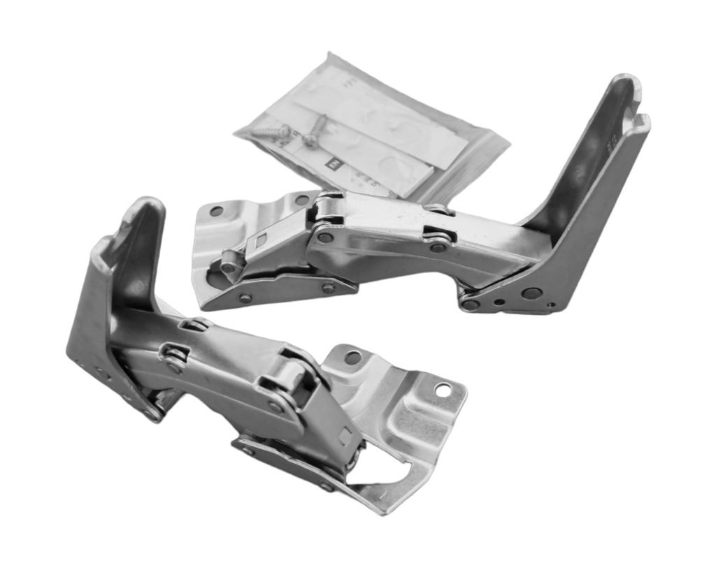 Two metal hinges and a small plastic bag with screws, isolated on a white background.