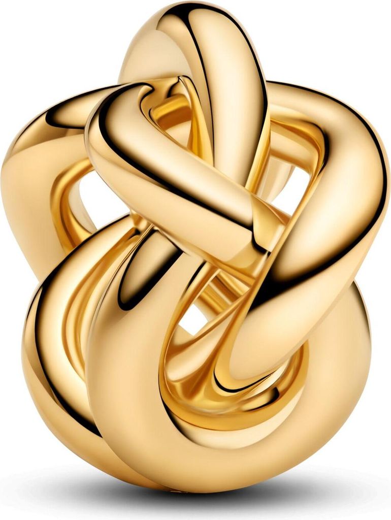 A close-up studio shot of a gold knot charm.
