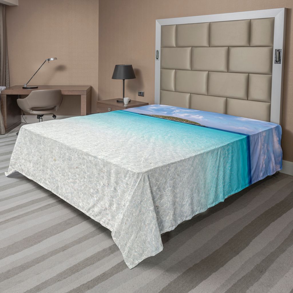 ABAKUHAUS Ozean Bettlaken, Paradies Strand Im Karibischen Wasser Mit Einer Kleinen Insel Szene Träumen Druck, weiches bequemes oberes Bettlaken f...