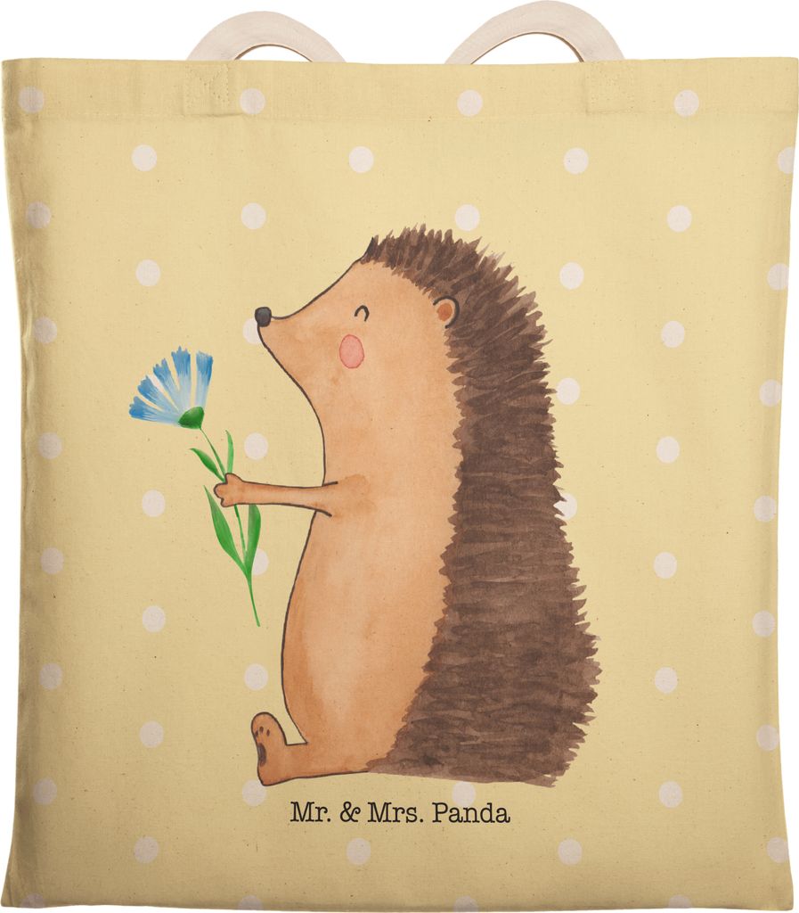 Mr. & Mrs. Panda Einkaufstasche Igel Blumen - Gelb Pastell - Geschenk, Tasche, Tragetasche, Genesungswünsche, Gute Besserung, krank, Lustige Sprü...