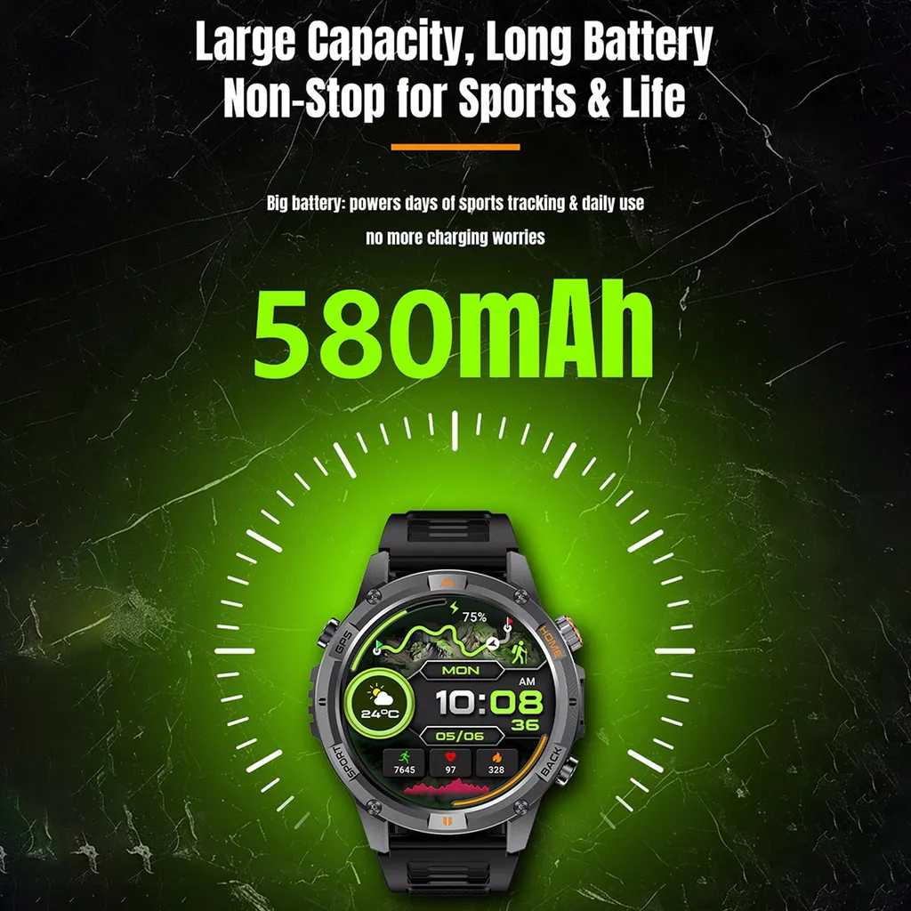 Montre GPS Extérieur pour Randonnée et Course avec Écran HD en Acier Noir