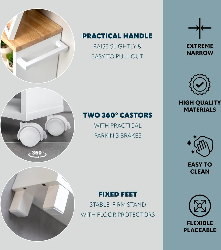 carrello a nicchia per cucina eluno, carrello per cucina, organizzatore per bagno a 3 livelli, legno, bianco - 4