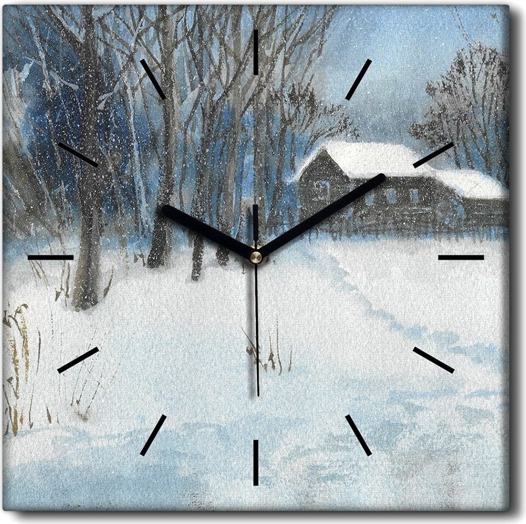 Coloray Uhr auf Leinwand 30x30 cm Wand Uhr Dekoration Wohnzimmer Segeltuch schwarze Hände -Winterschnee-Chata-Bäume