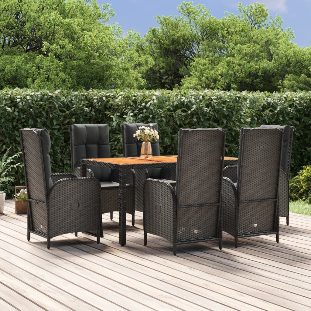 The Living Store 7-tlg. Garten-Essgruppe mit Kissen Schwarz Poly Rattan