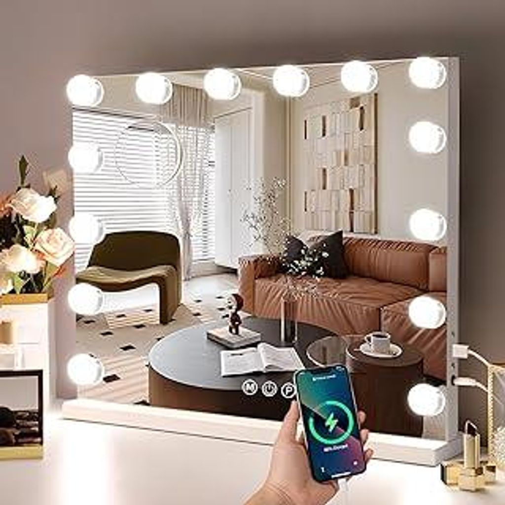 Schminkspiegel mit Beleuchtung Hollywood Spiegel, Vanity Mirror mit 15 LED Klein Kosmetikspiegel mit Licht Drehung Tischspiegel 3 Modi Schminktisch...