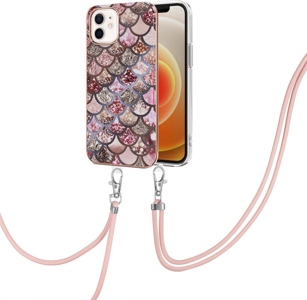 Handykette Hülle für iPhone 12 Muster TPU Schutzhülle mit verstellbarem Tragegurt Kaffee