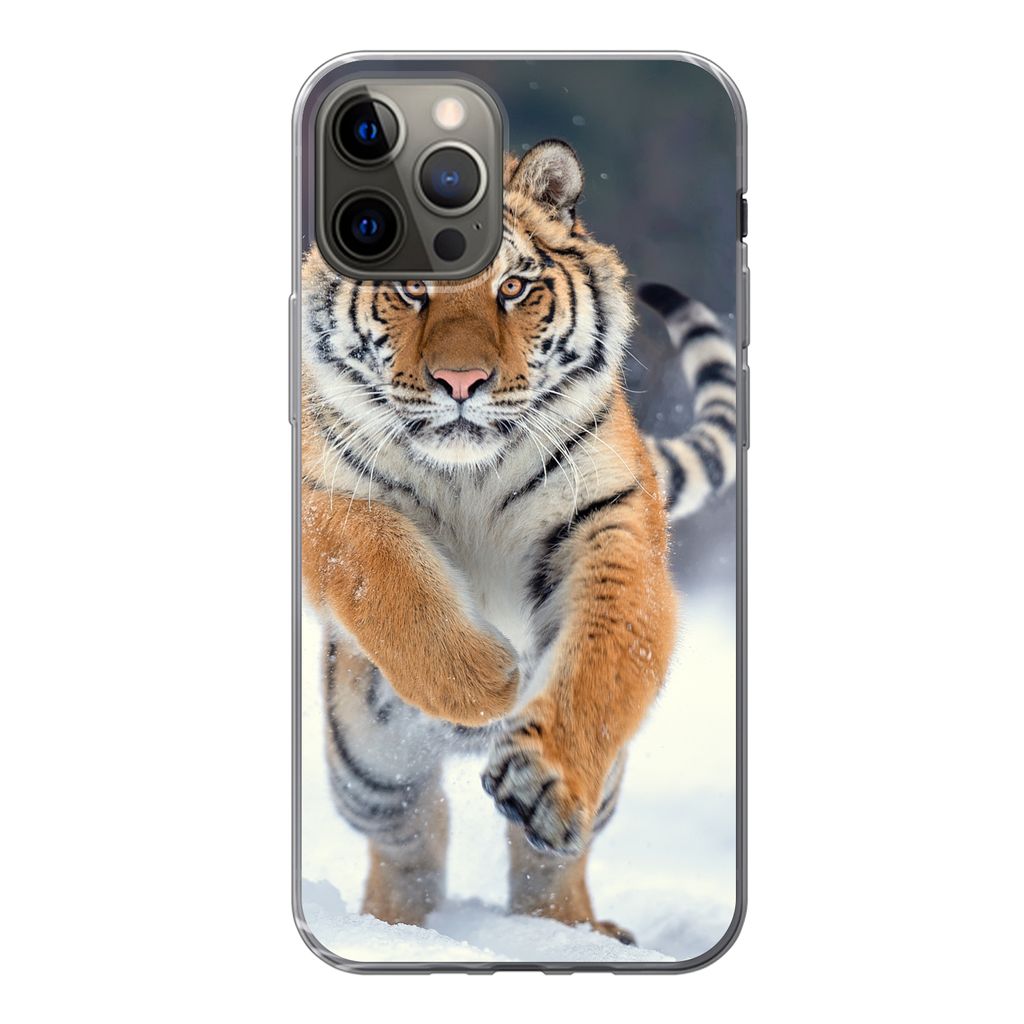 MuchoWow Handyhülle Schutzhülle Hülle für iPhone 12 Pro Tiger - Landschaft - Schnee - Tiere Silikon Softcase Handy Hülle - Abdeckung
