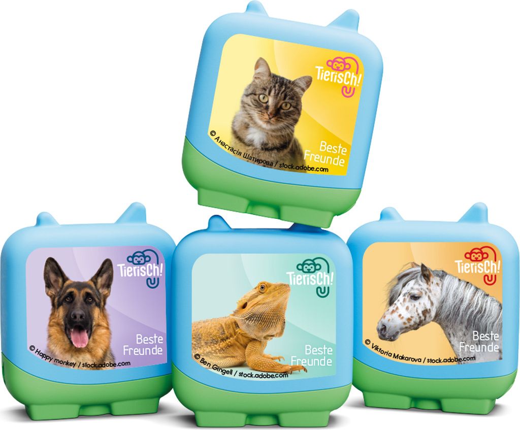 A stack of four colorful toy blocks, each featuring a picture of a different animal and the text 'Tierisch! Beste Freunde'.