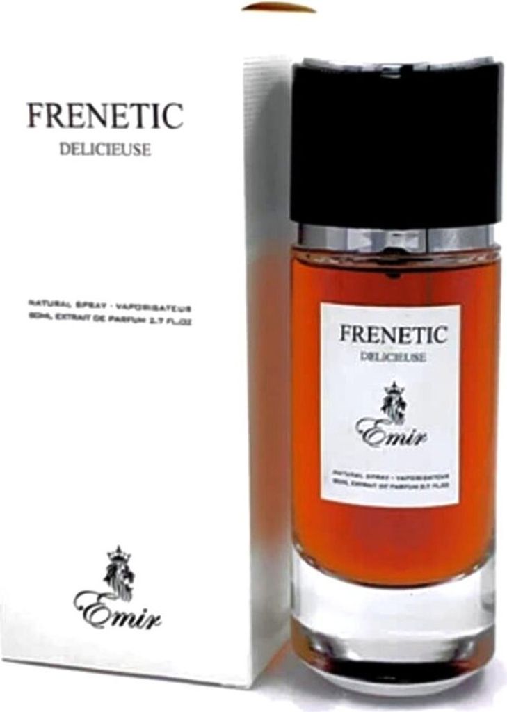 A perfume bottle and its packaging are displayed side-by-side against a white background.