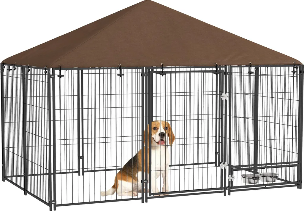 Chenil extérieur pour chien en acier et tissu Oxford avec support gamelle