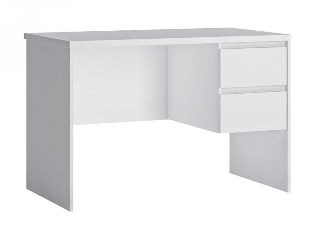 A white desk with two drawers on the right side, shown against a white background.