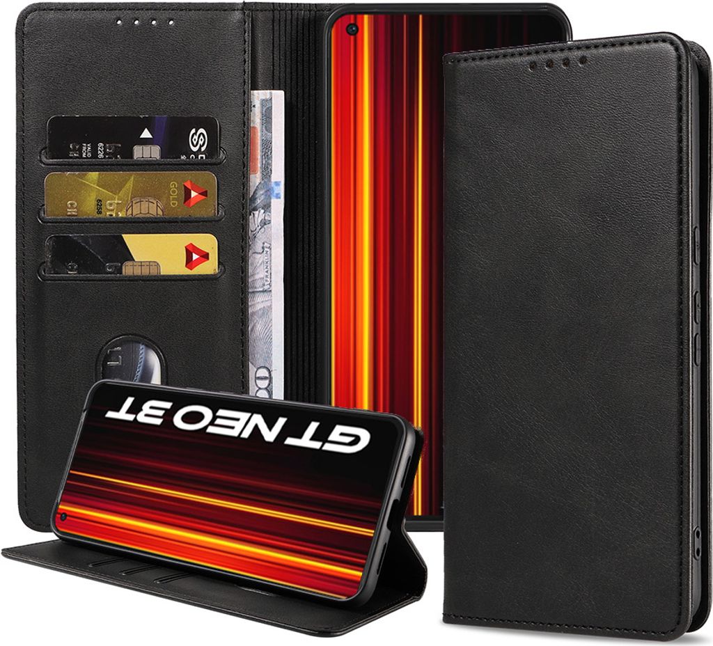 Smartphonica Handytasche passend für Realme GT Neo 3 Kunstlederhülle mit Magnetverschluss und Kartenhalter Buchhülle mit Klappe - Schwarz