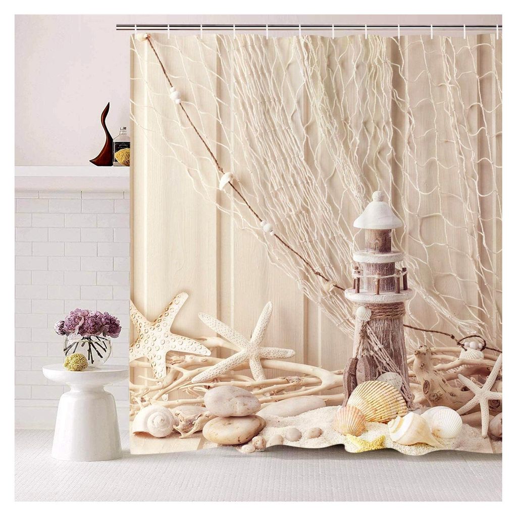 Duschvorhang Stoff mit Ringen 120x180 cm Muscheln Digitaldruck Polyester Anti-Schimmel Beige