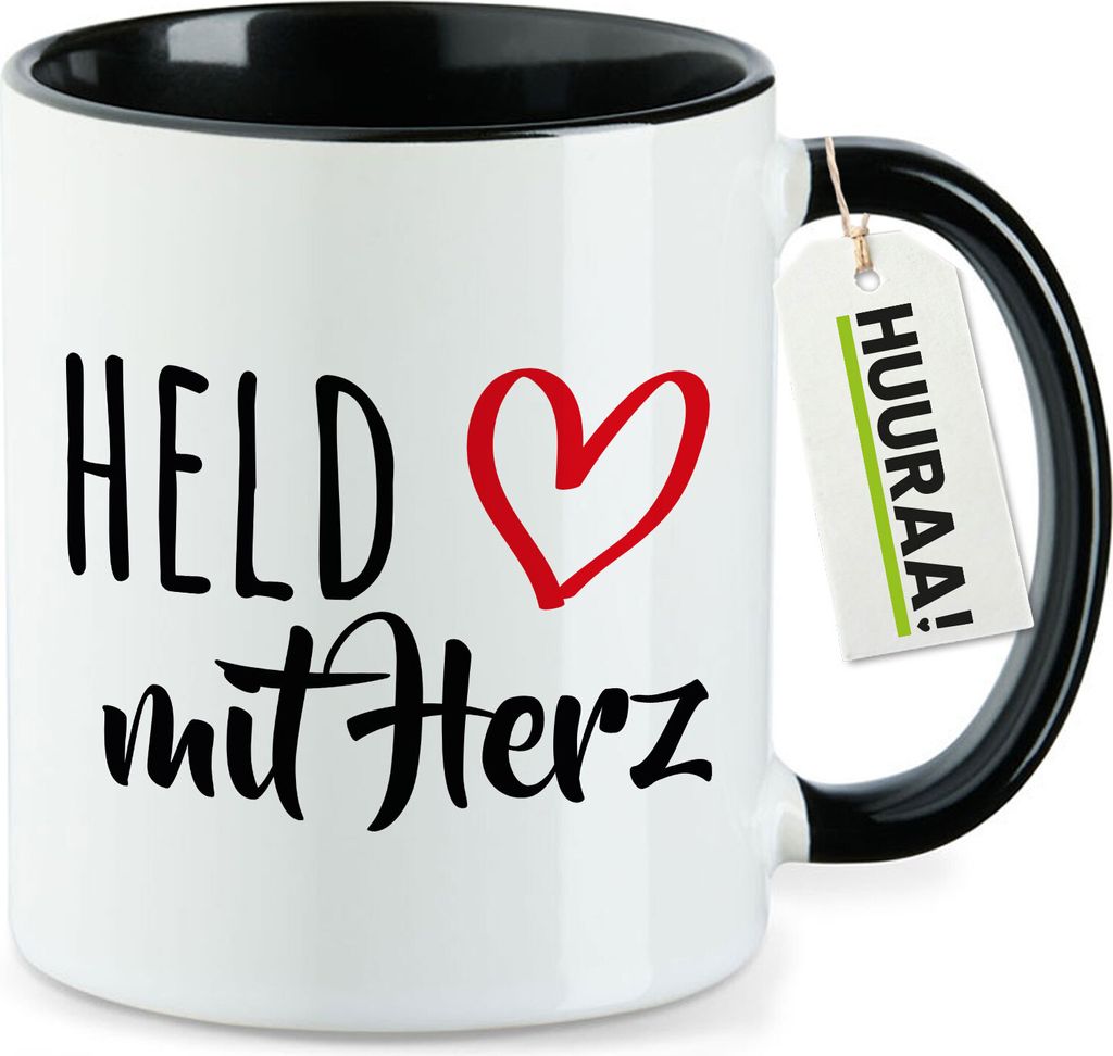 Huuraa Kaffeetasse Held mit Herz 330ml Schwarz Keramik Kaffeebecher Geschenkidee