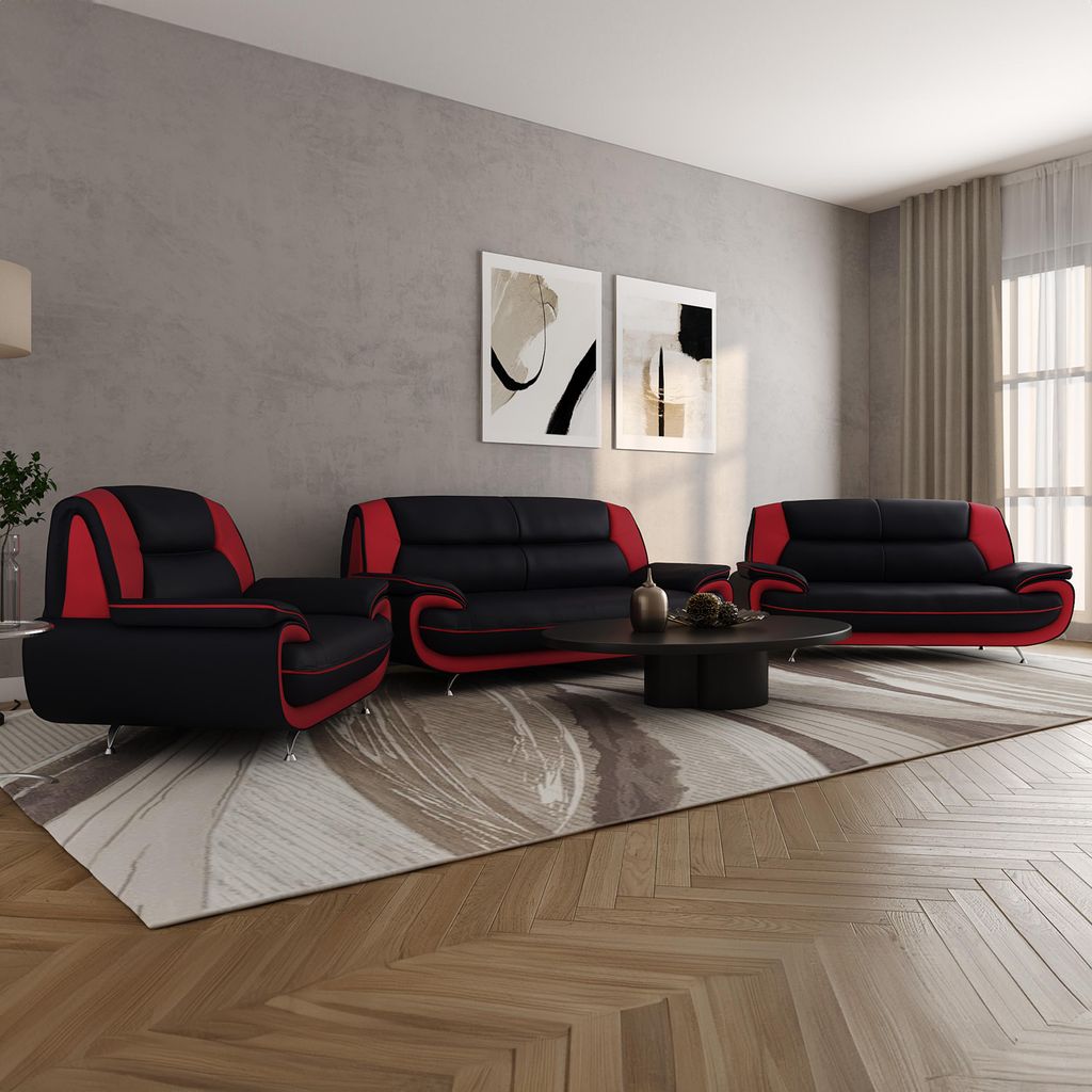 Sofa Set 3-2-1 für Wohnzimmer – Bequeme Schwarz-Rot Produktbild 