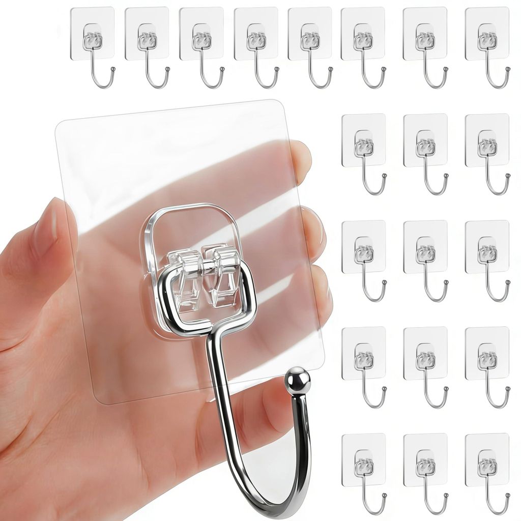 20 große, selbstklebende Haken, transparente, selbstklebende Haken, Wandhaken, wasserfeste Multifunktionshaken für Handtücher, Mäntel, Schlüss...