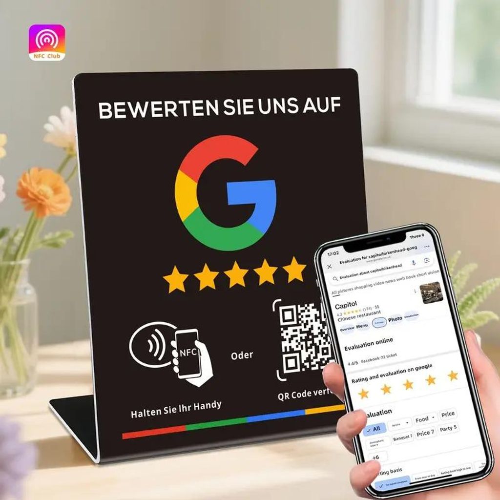 2xNFC & QR Displayständer mit deutschem Text – Social Media Produktbild 