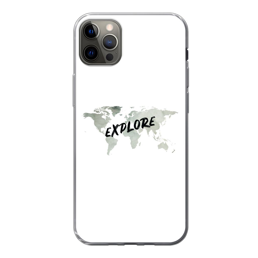 MuchoWow Handyhülle Schutzhülle Hülle für iPhone 13 Pro Max Weltkarte - Grau - Zitat Silikon Softcase Handy Hülle - Mobiltelefon