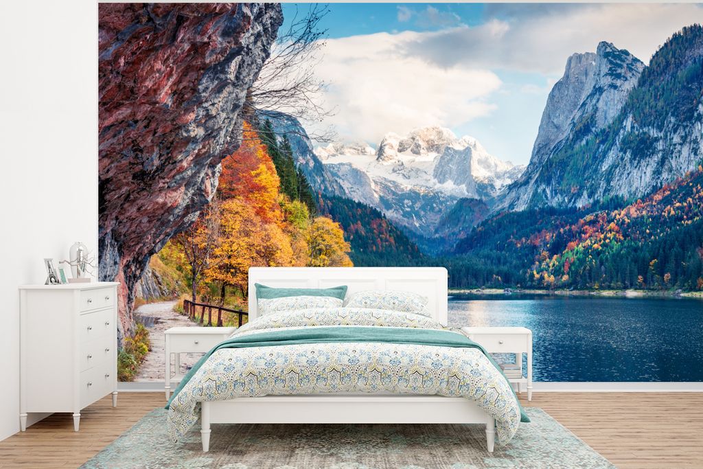 MuchoWow Fototapete für Wohnzimmer oder Schlafzimmer Wandtapete Vinyl Motivtapete Berge - See - Weg - Natur - Wasser - 375x280 cm - Schlafzimmer...