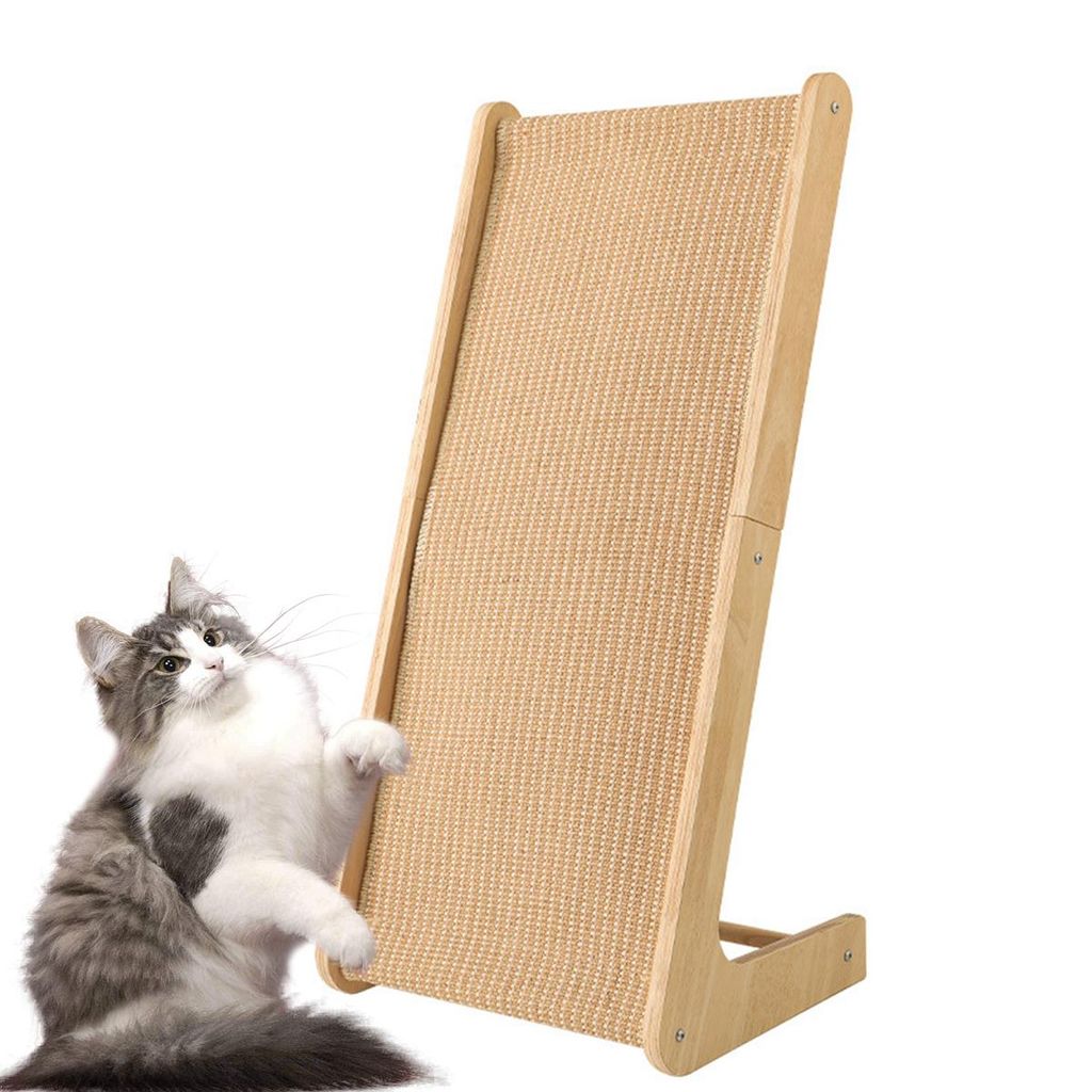 A cat is interacting with a scratching post.