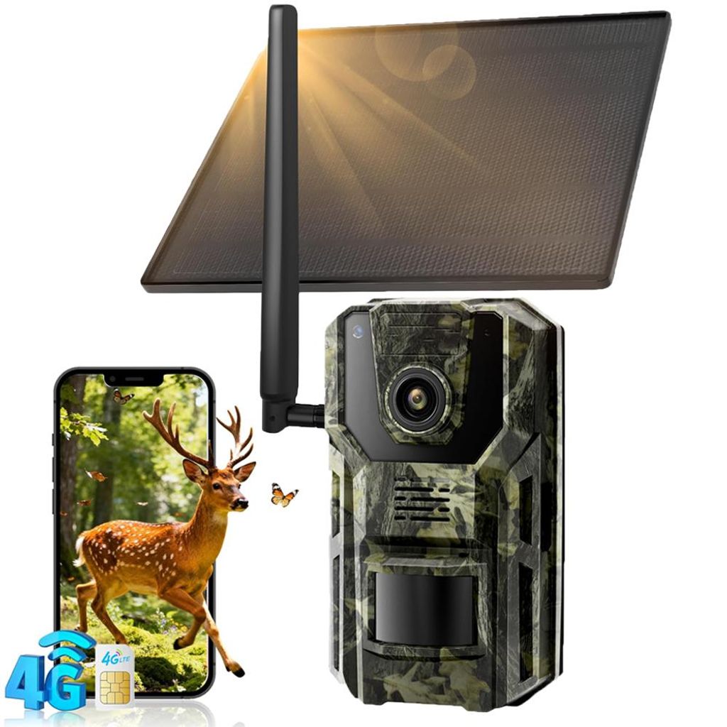 4G LTE Wildkamera mit App & Bewegungsmelder 2K Solar Überwachungskamera Aussen mit SIM Karte 7800mAh Akku Alarm-Push in Echtzeit AI Erkennung