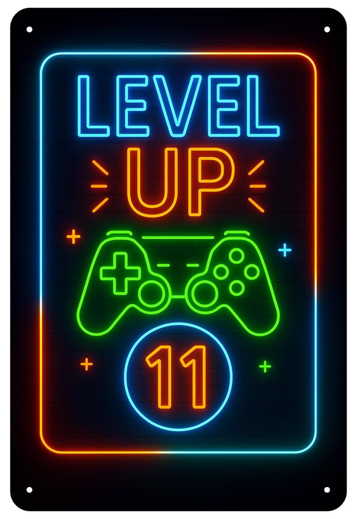 Blechschild 20x30cm Level Up 11 Gaming Geburtstag Neon Produktbild 