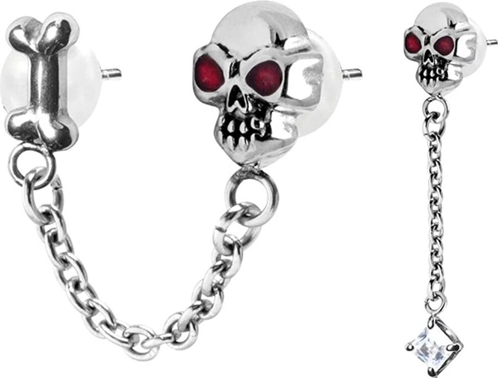 Edelstahl Damen Slave Ohrstecker Set Totenköpfe Rote Augen Knochen Motiv und mit Kristall Elements 4,5mm Stein 2 Edelstahl Kett