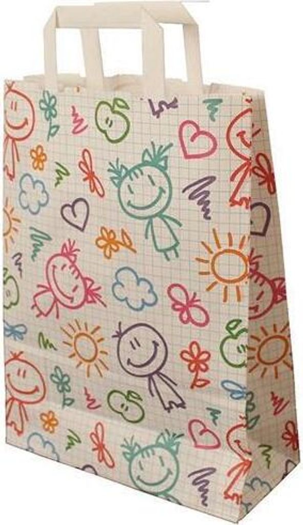 Papiertragetaschen "Happy", 80 g/qm, 18 + 8 x 22 cm, 25 Stück