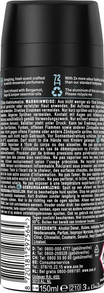Déodorant Axe Aqua Bergamote 150 ml Pack de 6 pour Fraîcheur Intense