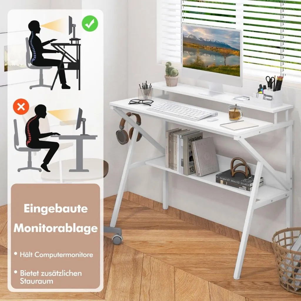 Bureau blanc ergonomique 100 cm avec étagère et support moniteur fixe - 3