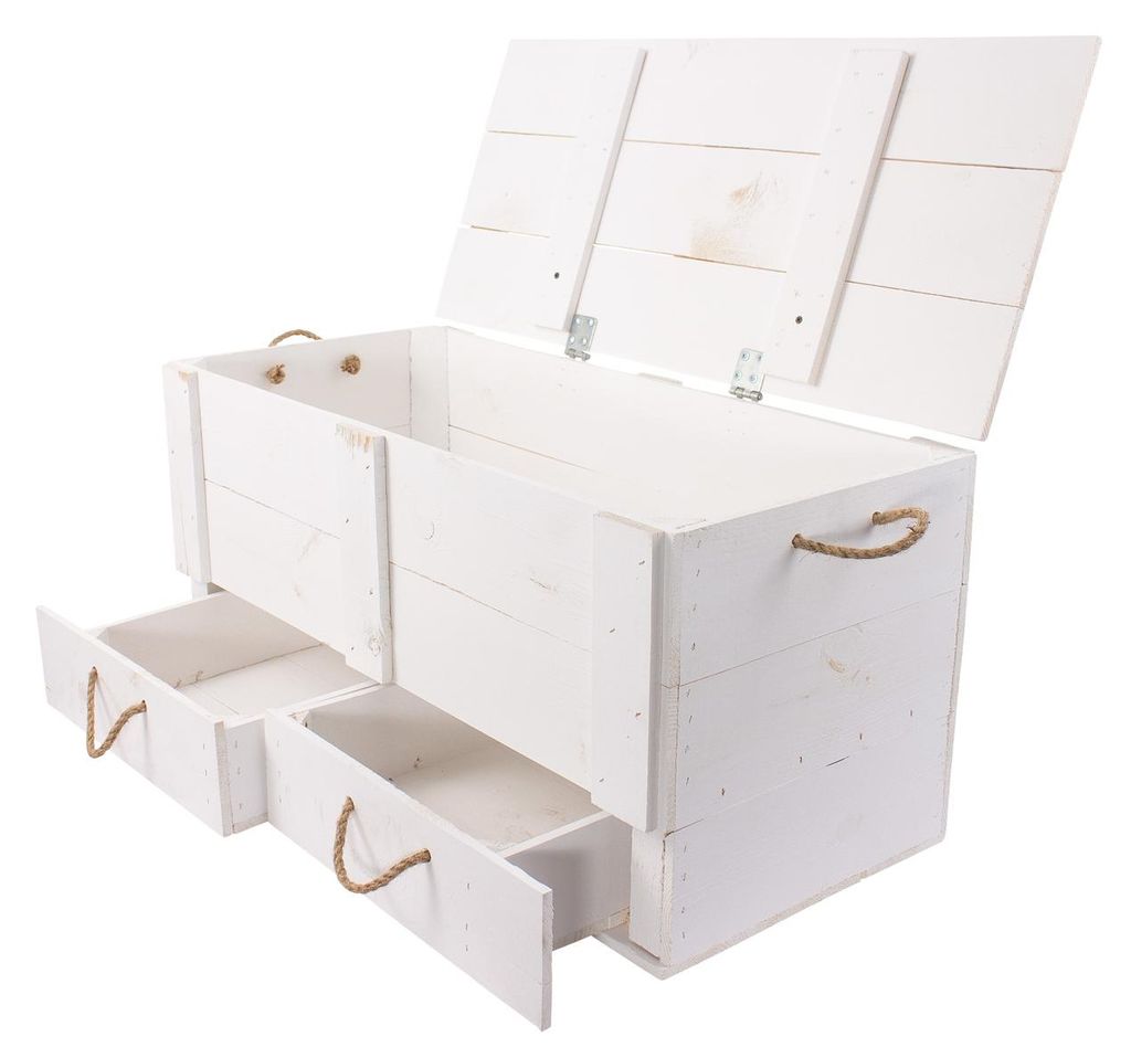 grosse weisse Holztruhe Kalle mit Schubladen und Deckel Produktbild 