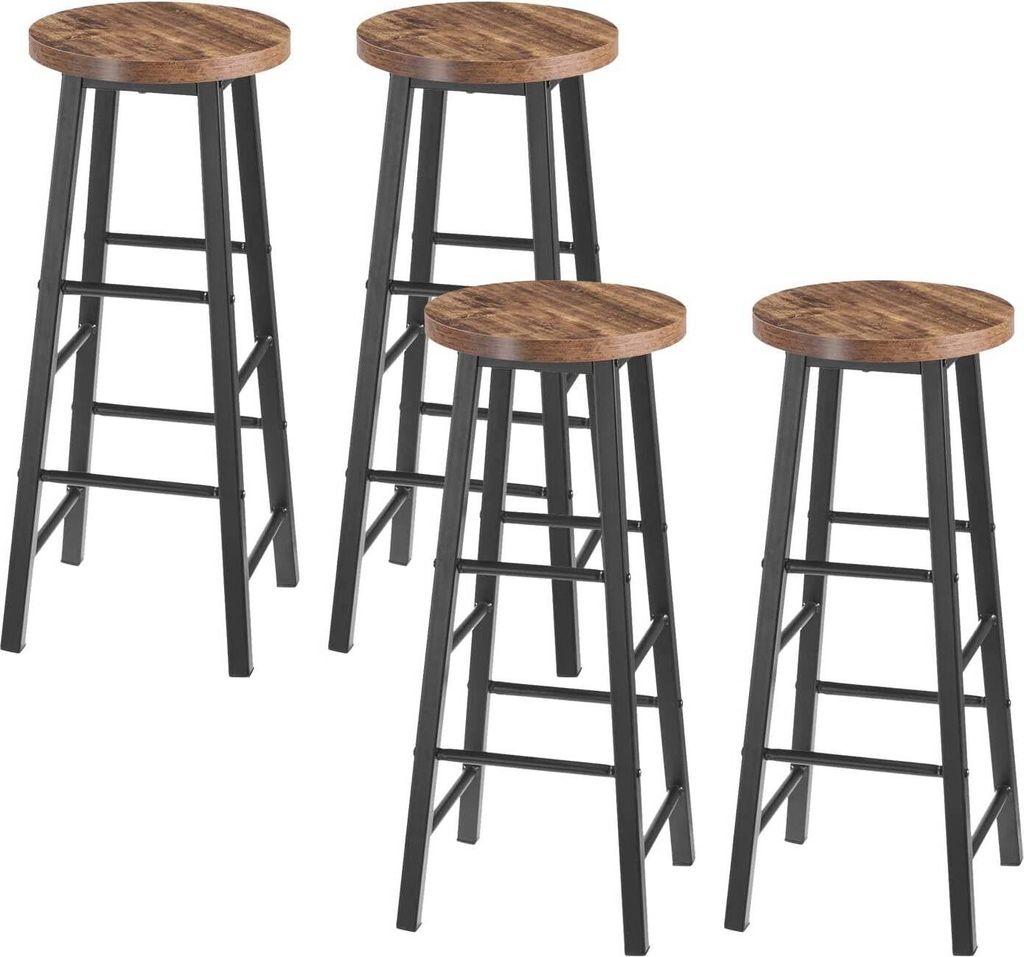 Four bar stools with wooden seats and black metal frames are arranged on a white background.