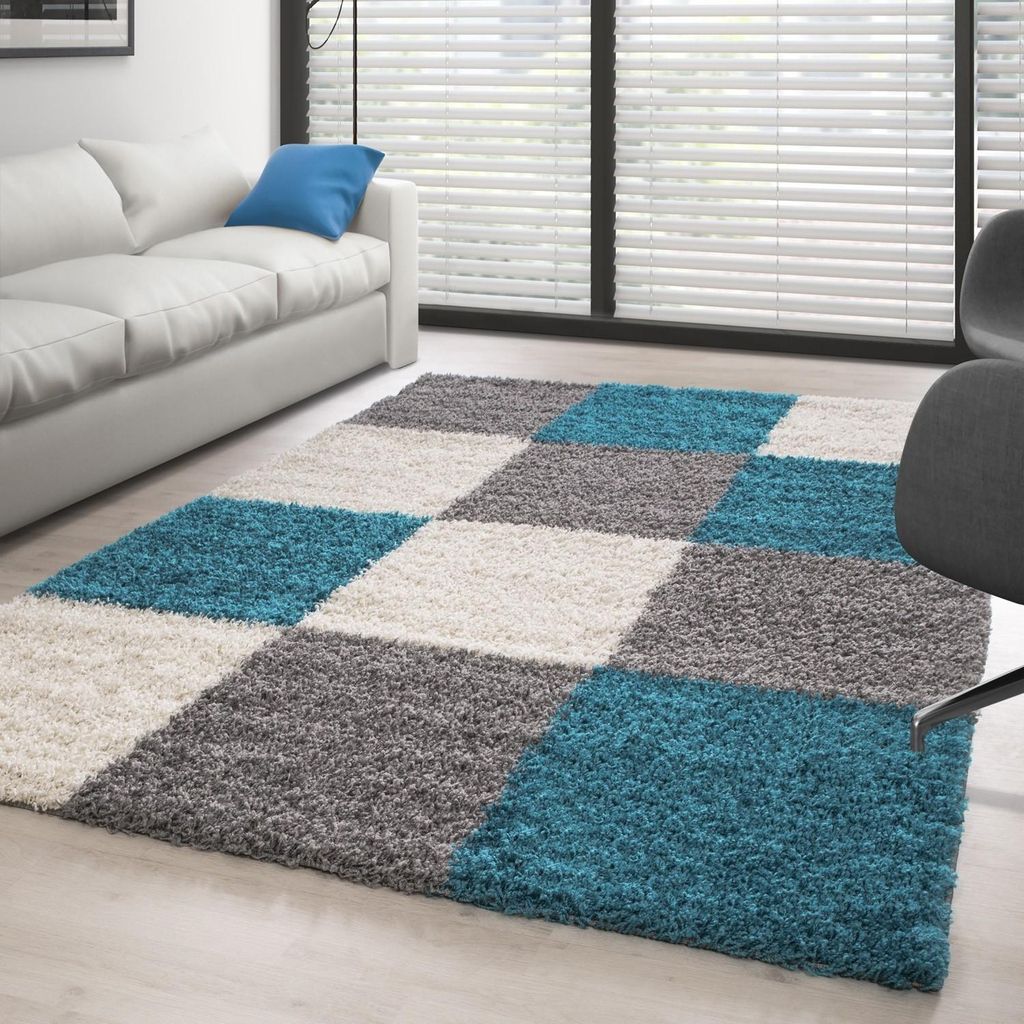 Hochflorteppich mit türkis-grau-weißen Karos für Wohn- oder Schlafzimmer – Florhöhe 30 mm 200 x 290 cm