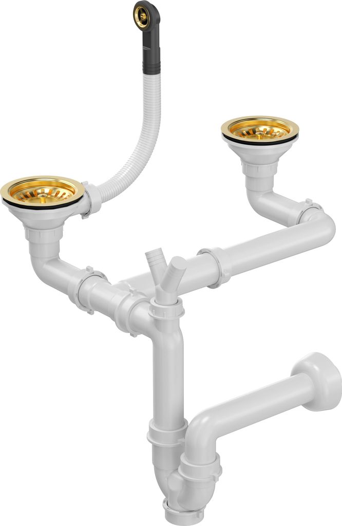 QUADRON Stopfenabfluss 3 1/2“ mit Zweikammer-Siphon - PVD-Gold, platzsparend, ideal für Granitspülen, Farbe: Gold, Der Zweikammer-Siphon Save S...