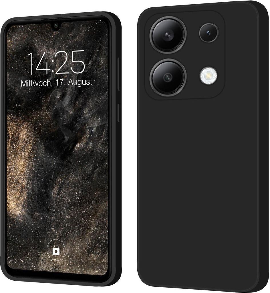 A black phone case is shown next to a smartphone displaying the time and date.