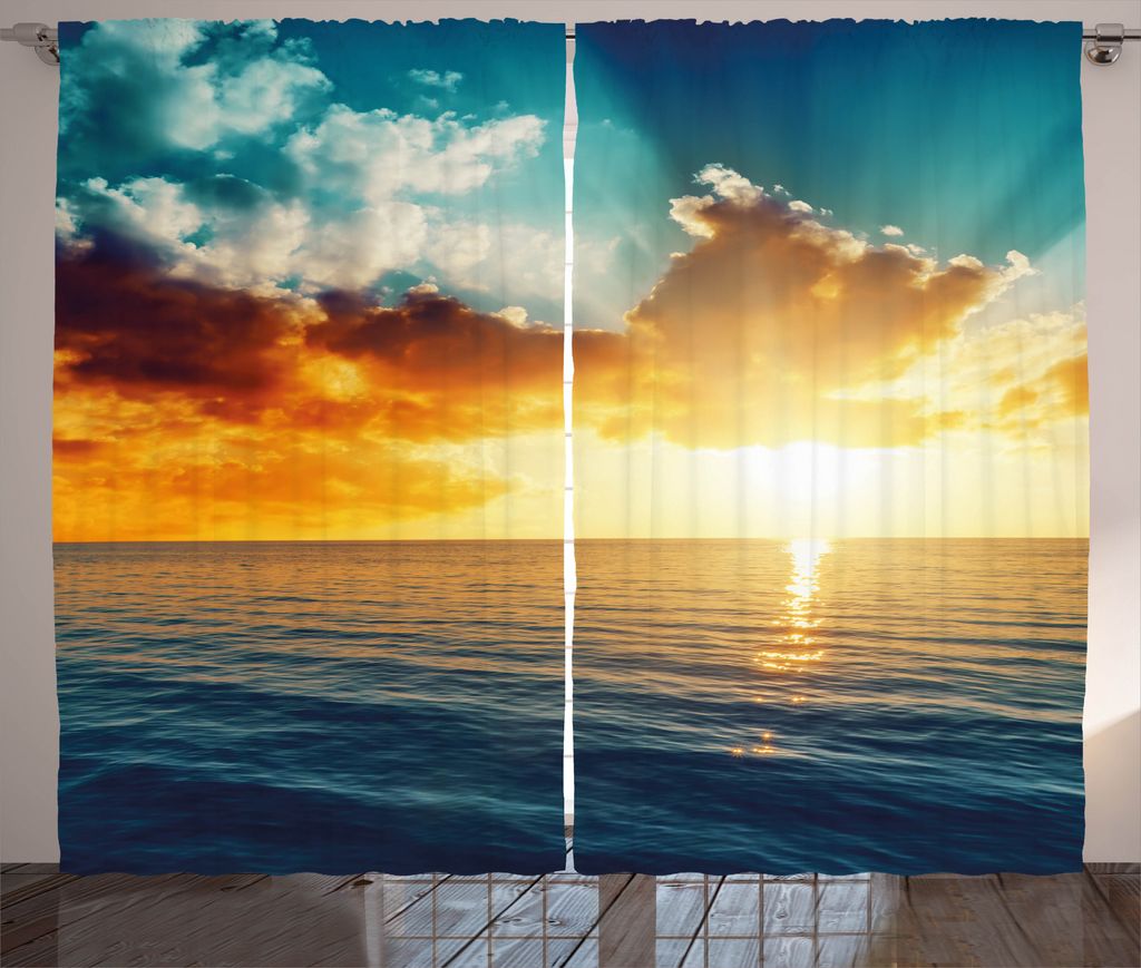 ABAKUHAUS Sonnenuntergang Rustikaler Vorhang, Horizon Panorama, Wohnzimmer Universalband Gardinen mit Schlaufen und Haken, 280 x 175 cm, Gelb / Blau