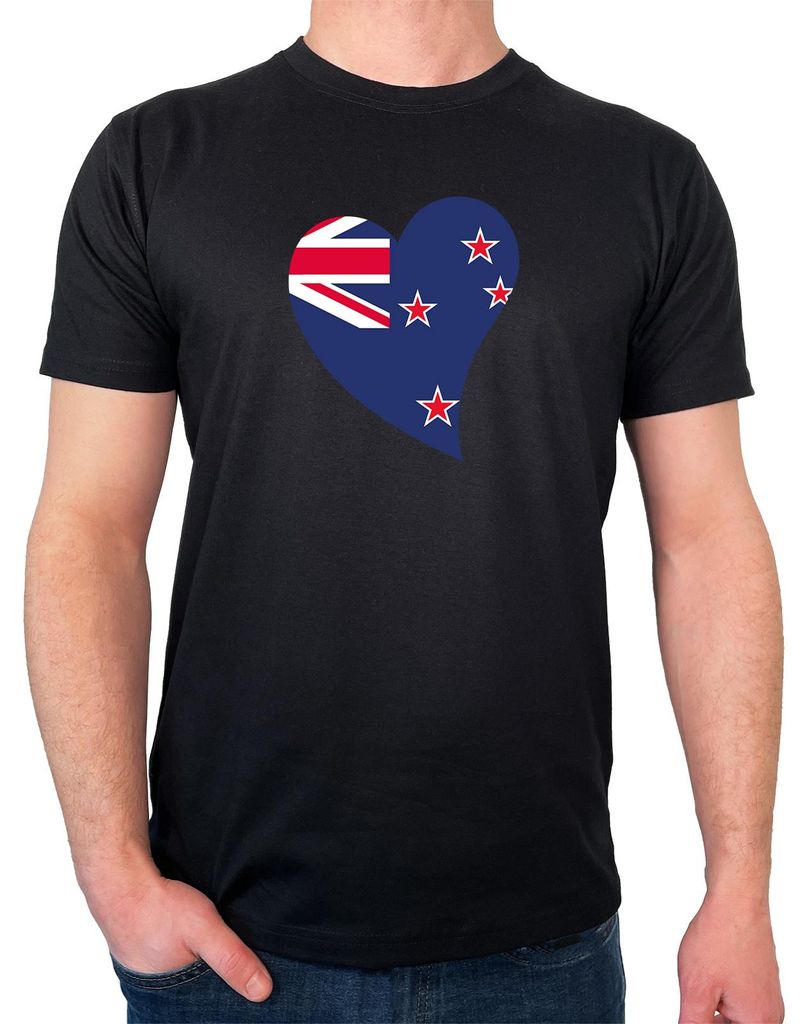 Huuraa Herren T-Shirt Neuseeland Flagge Herz S Black Bio Baumwolle Fairtrade Herrenshirt Geschenkidee