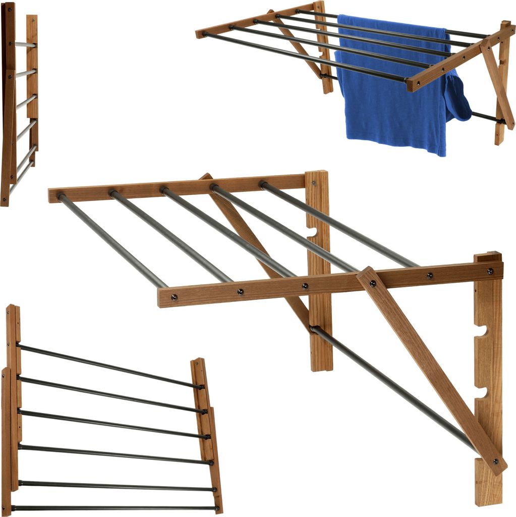 Collage of a wooden wall-mounted drying rack in different configurations and angles, with one configuration showing a blue towel hanging on it.